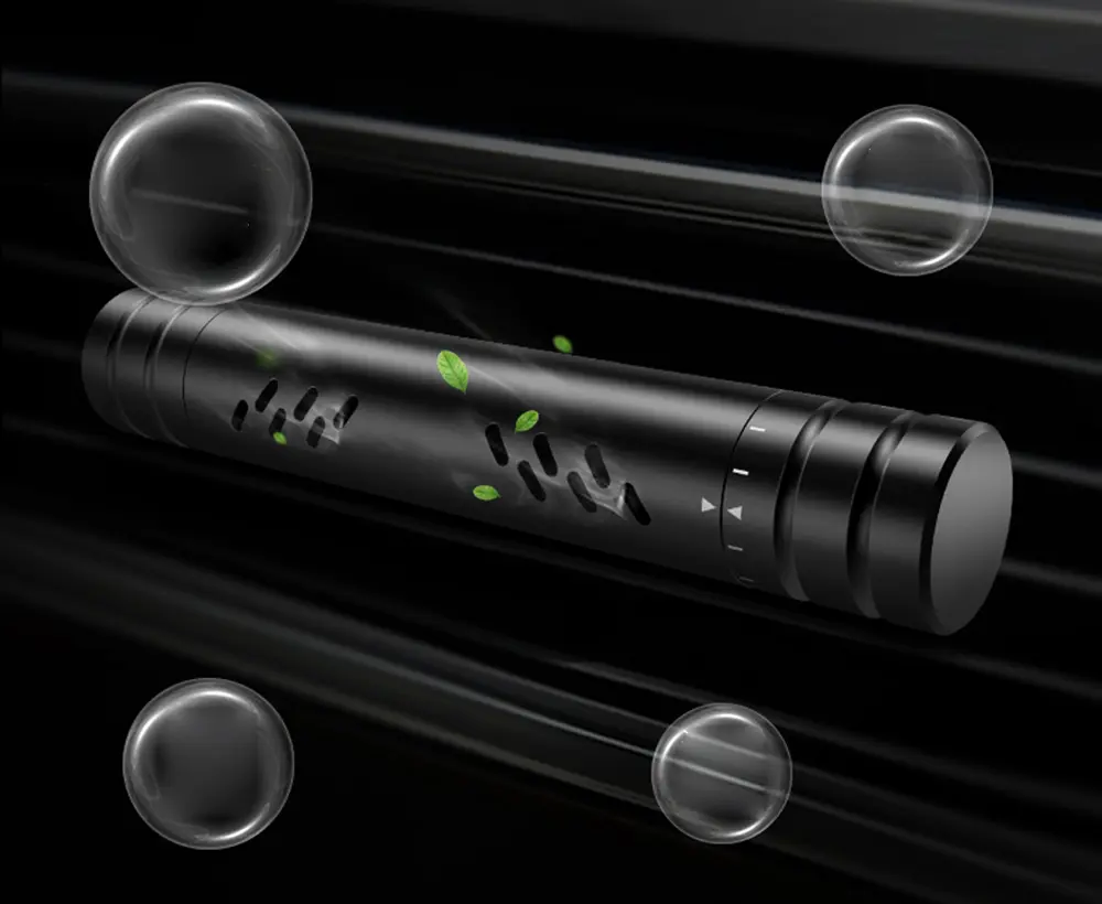 Illustration of fragrance moving from a vent-mounted diffuser with cabin airflow