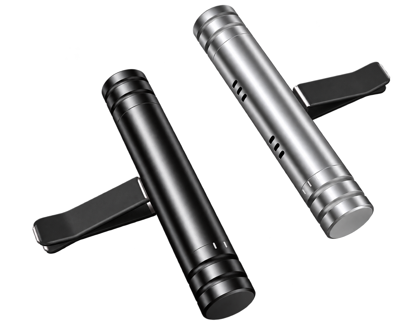 Black and silver cylindrical car diffusers showing the rear vent clips